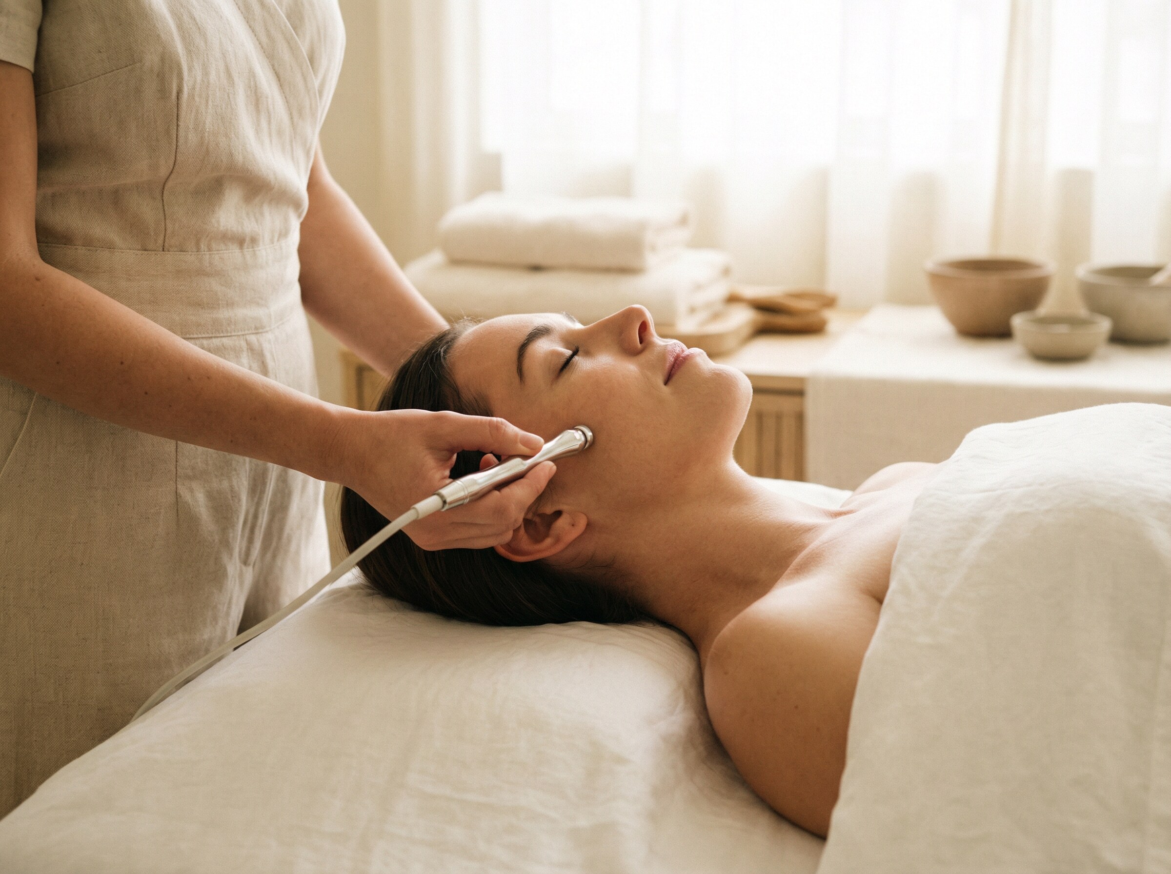 Esthetician performing microdermabrasion facial treatment