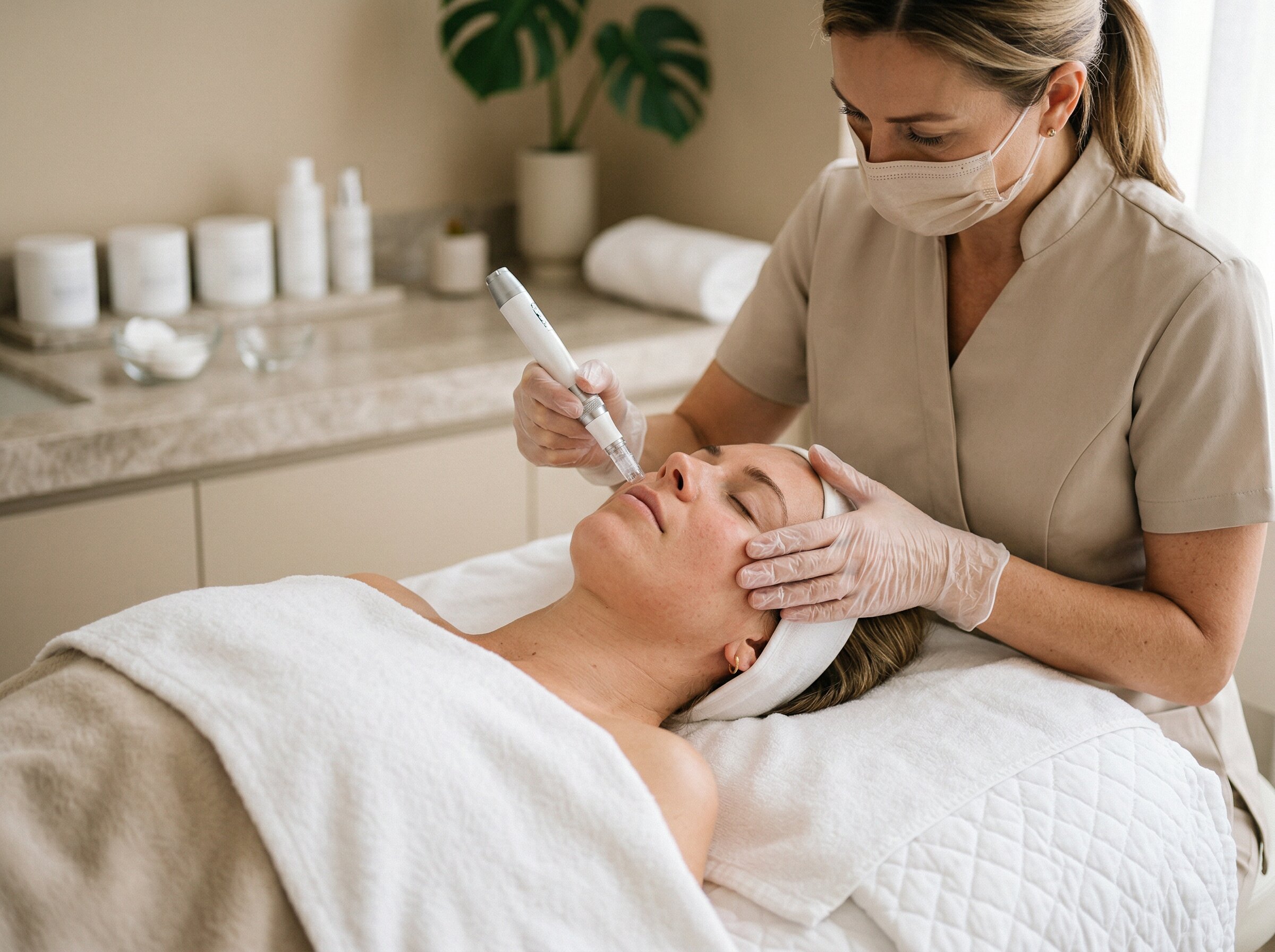 Esthetician performing nano-channel infusion treatment